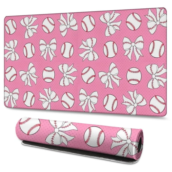 Long Mouse Pads for Desk,Pink Bows and Baseballs Pattern Desk Mats on Top Of Desks, Desk Mouse Pad Extra Large with 3mm Non-Slip Base and Stitched Edge for Gaming,Office,Work,Home 47.3"x23.6"