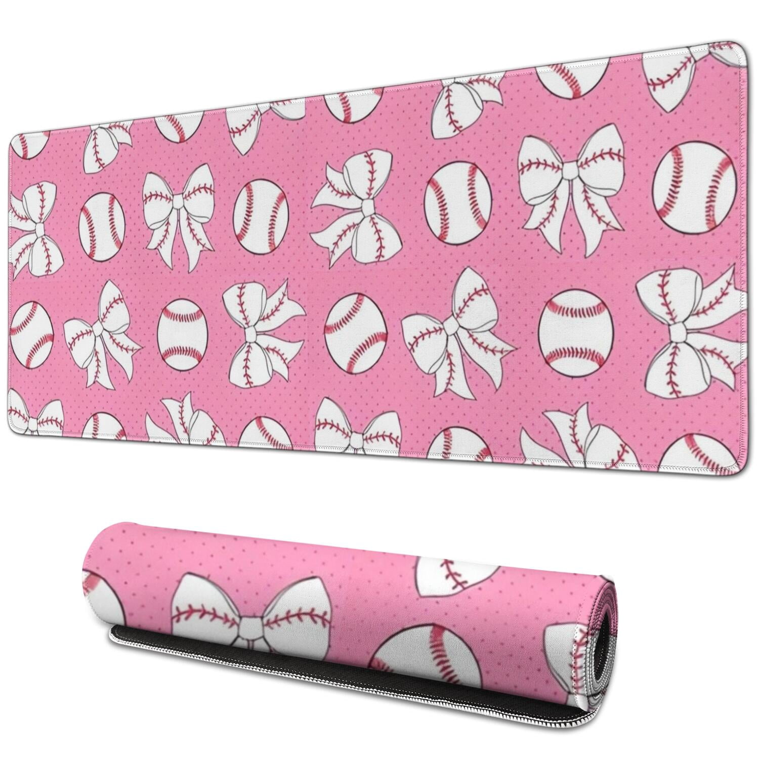 Long Mouse Pads for Desk,Pink Bows and Baseballs Pattern Desk Mats on Top Of Desks, Desk Mouse Pad Extra Large with 3mm Non-Slip Base and Stitched Edge for Gaming,Office,Work,Home 31.5"x11.8"