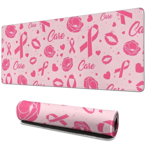 Long Mouse Pads for Desk,Pink Breast Cancer and Pioneer Flower Love Desk Mats on Top Of Desks, Desk Mouse Pad Extra Large with 3mm Non-Slip Base and Stitched Edge for Gaming,Work,Home 31.5x11.8in