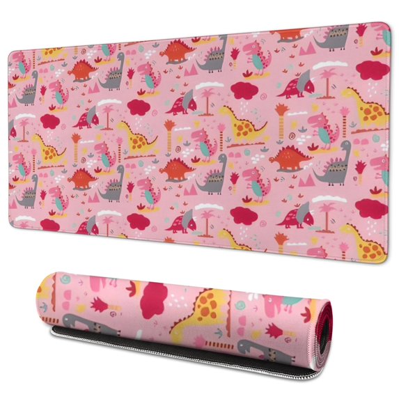 Long Mouse Pads for Desk,Pink Cartoon Dinosaurs Landscape Pattern Desk Mats on Top Of Desks, Desk Mouse Pad Extra Large with 3mm Non-Slip Base and Stitched Edge for Gaming,Office,Work,Home 35.4"x15.7"
