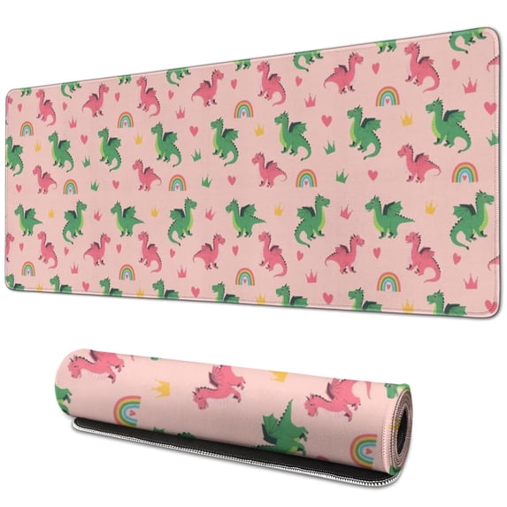 Long Mouse Pads for Desk,Pink Cartoon Dragon Rainbow Heart Crown Desk Mats on Top Of Desks, Desk Mouse Pad Extra Large with 3mm Non-Slip Base and Stitched Edge for Gaming,Work,Home 31.5"x11.8"