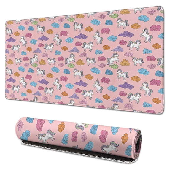 Long Mouse Pads for Desk,Pink Cartoon Unicorn Cloud Pattern Desk Mats on Top Of Desks, Desk Mouse Pad Extra Large with 3mm Non-Slip Base and Stitched Edge for Gaming,Office,Work,Home 31.5"x15.7"