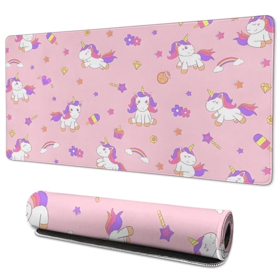 Long Mouse Pads for Desk,Pink Cartoon Unicorn Dessert Pattern Desk Mats on Top Of Desks, Desk Mouse Pad Extra Large with 3mm Non-Slip Base and Stitched Edge for Gaming,Office,Work,Home 35.4"x15.7"