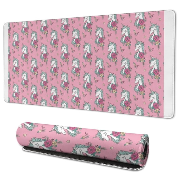 Long Mouse Pads for Desk,Pink Cartoon Unicorn Flower Pattern Desk Mats on Top Of Desks, Desk Mouse Pad Extra Large with 3mm Non-Slip Base and Stitched Edge for Gaming,Office,Work,Home 35.4"x15.7"
