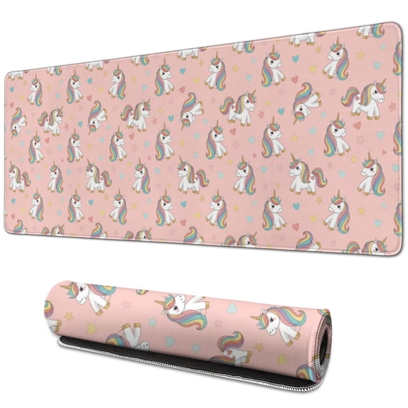 Long Mouse Pads for Desk,Pink Cartoon Unicorn Heart Star Pattern Desk Mats on Top Of Desks, Desk Mouse Pad Extra Large with 3mm Non-Slip Base and Stitched Edge for Gaming,Office,Work,Home 31.5"x11.8"