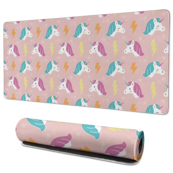 Long Mouse Pads for Desk,Pink Cartoon Unicorn Lightning Pattern Desk Mats on Top Of Desks, Desk Mouse Pad Extra Large with 3mm Non-Slip Base and Stitched Edge for Gaming,Office,Work,Home 35.4"x15.7"