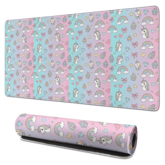Long Mouse Pads for Desk,Pink Cartoon Unicorn Rainbow Cake Bow Desk Mats on Top Of Desks, Desk Mouse Pad Extra Large with 3mm Non-Slip Base and Stitched Edge for Gaming,Work,Home 31.5"x15.7"