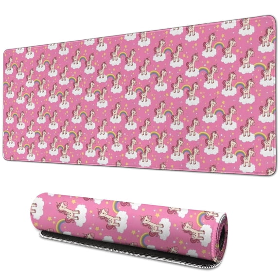 Long Mouse Pads for Desk,Pink Cartoon Unicorn Rainbow Cloud Desk Mats on Top Of Desks, Desk Mouse Pad Extra Large with 3mm Non-Slip Base and Stitched Edge for Gaming,Work,Home 31.5"x11.8"