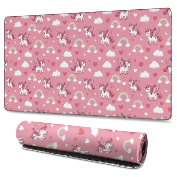 Long Mouse Pads for Desk,Pink Cartoon Unicorn Rainbow Cloud Heart Desk Mats on Top Of Desks, Desk Mouse Pad Extra Large with 3mm Non-Slip Base and Stitched Edge for Gaming,Work,Home 47.3"x23.6"