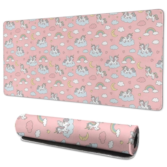 Long Mouse Pads for Desk,Pink Cartoon Unicorn Rainbow Cloud Moon Desk Mats on Top Of Desks, Desk Mouse Pad Extra Large with 3mm Non-Slip Base and Stitched Edge for Gaming,Work,Home 35.4"x15.7"