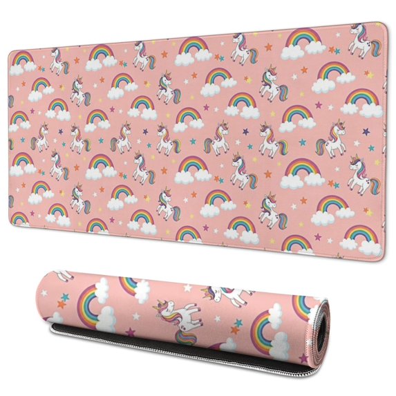 Long Mouse Pads for Desk,Pink Cartoon Unicorn Rainbow Cloud Star Desk Mats on Top Of Desks, Desk Mouse Pad Extra Large with 3mm Non-Slip Base and Stitched Edge for Gaming,Work,Home 35.4"x15.7"