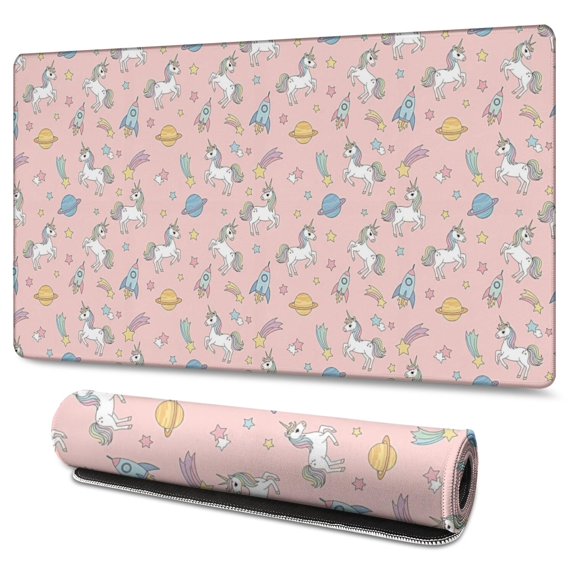 Long Mouse Pads for Desk,Pink Cartoon Unicorn Space Pattern Desk Mats on Top Of Desks, Desk Mouse Pad Extra Large with 3mm Non-Slip Base and Stitched Edge for Gaming,Office,Work,Home 47.3"x23.6"