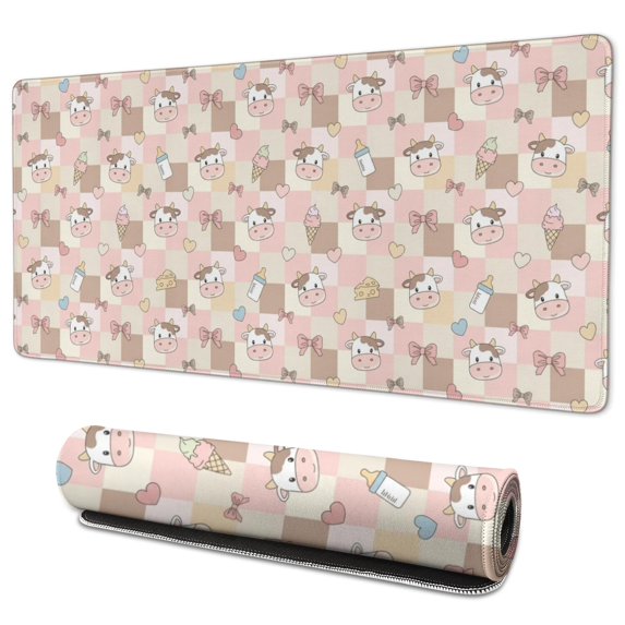 Long Mouse Pads for Desk,Pink Checkered Cow Pattern Desk Mats on Top Of Desks, Desk Mouse Pad Extra Large with 3mm Non-Slip Base and Stitched Edge for Gaming,Office,Work,Home 35.4"x15.7"