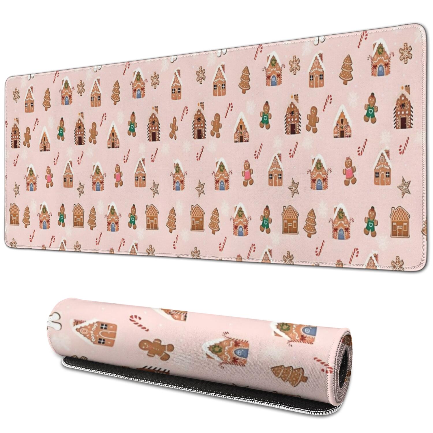 Long Mouse Pads for Desk,Pink Christmas Gingerbread House Pattern Desk Mats on Top Of Desks, Desk Mouse Pad Extra Large with 3mm Non-Slip Base and Stitched Edge for Gaming,Office,Work,Home 31.5x11.8in