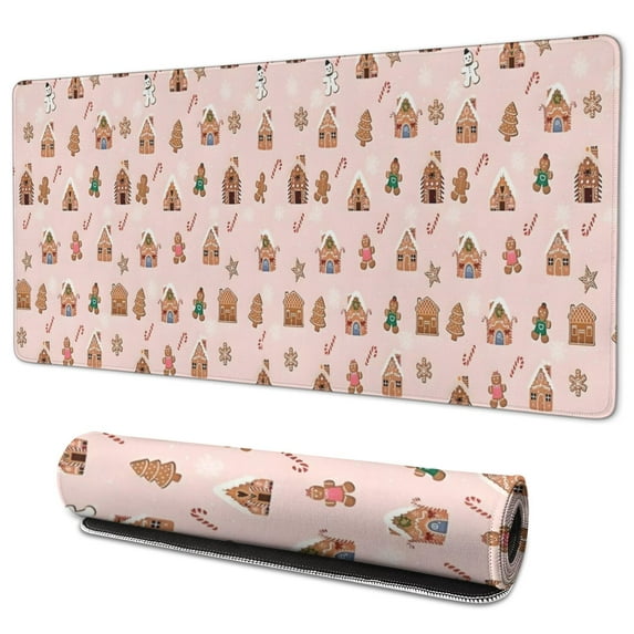 Long Mouse Pads for Desk,Pink Christmas Gingerbread House Pattern Desk Mats on Top Of Desks, Desk Mouse Pad Extra Large with 3mm Non-Slip Base and Stitched Edge for Gaming,Office,Work,Home 35.4x15.7in