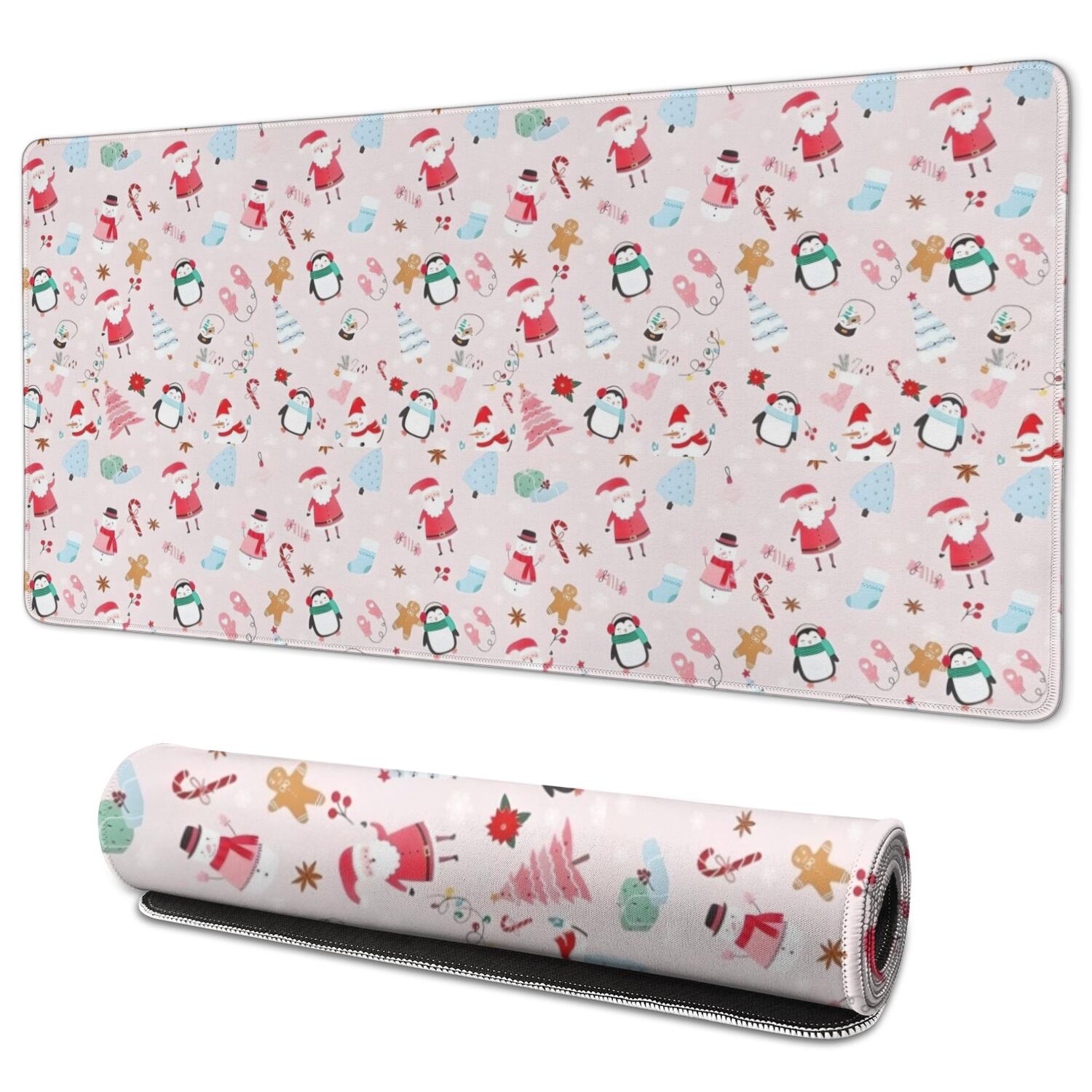 Long Mouse Pads for Desk,Pink Christmas Santa and Penguin Pattern Desk Mats on Top Of Desks, Desk Mouse Pad Extra Large with 3mm Non-Slip Base and Stitched Edge for Gaming,Office,Work,Home 35.4x15.7in