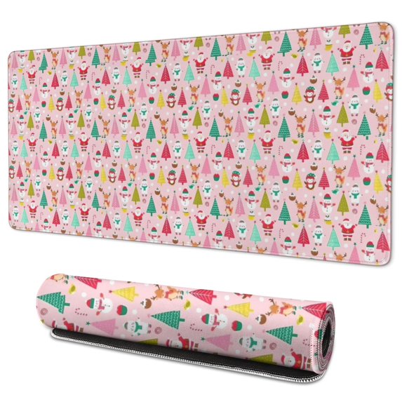 Long Mouse Pads for Desk,Pink Christmas Santa and Tree Pattern Desk Mats on Top Of Desks, Desk Mouse Pad Extra Large with 3mm Non-Slip Base and Stitched Edge for Gaming,Office,Work,Home 35.4x15.7in