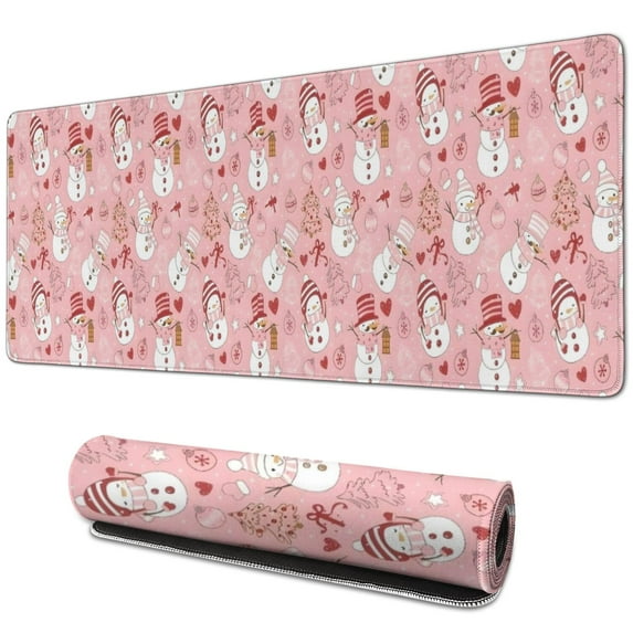 Long Mouse Pads for Desk,Pink Christmas Snowman Pattern Desk Mats on Top Of Desks, Desk Mouse Pad Extra Large with 3mm Non-Slip Base and Stitched Edge for Gaming,Office,Work,Home 31.5x11.8in