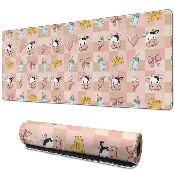 Long Mouse Pads for Desk,Pink Cow Checkered Pattern Desk Mats on Top Of Desks, Desk Mouse Pad Extra Large with 3mm Non-Slip Base and Stitched Edge for Gaming,Office,Work,Home 31.5"x11.8"