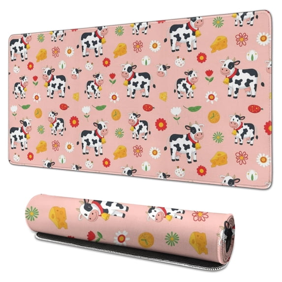 Long Mouse Pads for Desk,Pink Cow Flower Cow Pattern Desk Mats on Top Of Desks, Desk Mouse Pad Extra Large with 3mm Non-Slip Base and Stitched Edge for Gaming,Office,Work,Home 31.5"x15.7"
