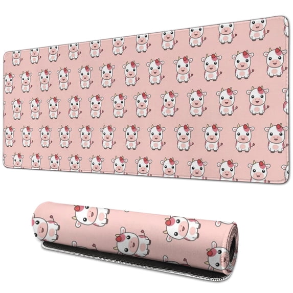 Long Mouse Pads for Desk,Pink Cow Flower Pattern Desk Mats on Top Of Desks, Desk Mouse Pad Extra Large with 3mm Non-Slip Base and Stitched Edge for Gaming,Office,Work,Home 31.5"x11.8"