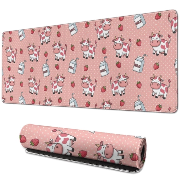 Long Mouse Pads for Desk,Pink Cow Milk Strawberry Pattern Desk Mats on Top Of Desks, Desk Mouse Pad Extra Large with 3mm Non-Slip Base and Stitched Edge for Gaming,Office,Work,Home 31.5"x11.8"