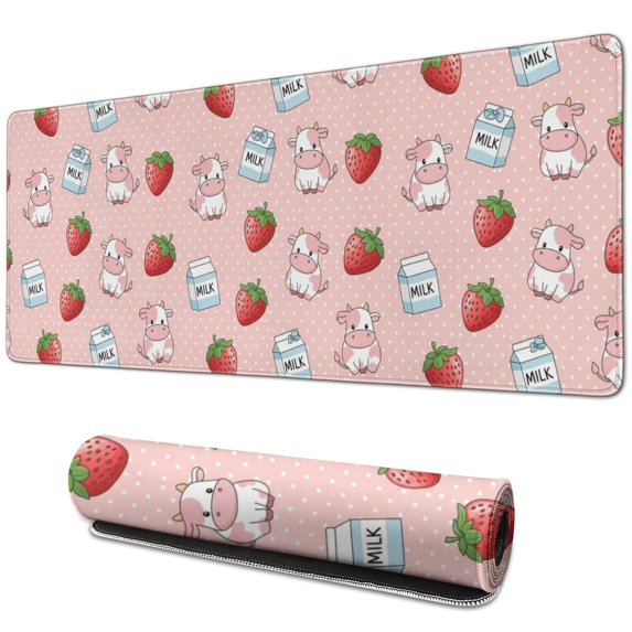 Long Mouse Pads for Desk,Pink Cow Milk Strawberry Pattern Desk Mats on Top Of Desks, Desk Mouse Pad Extra Large with 3mm Non-Slip Base and Stitched Edge for Gaming,Office,Work,Home 31.5"x11.8"
