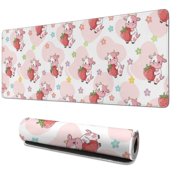 Long Mouse Pads for Desk,Pink Cow Strawberry Flower Pattern Desk Mats on Top Of Desks, Desk Mouse Pad Extra Large with 3mm Non-Slip Base and Stitched Edge for Gaming,Office,Work,Home 31.5"x11.8"