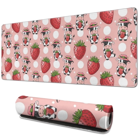 Long Mouse Pads for Desk,Pink Cow Strawberry Hat Pattern Desk Mats on Top Of Desks, Desk Mouse Pad Extra Large with 3mm Non-Slip Base and Stitched Edge for Gaming,Office,Work,Home 31.5"x11.8"