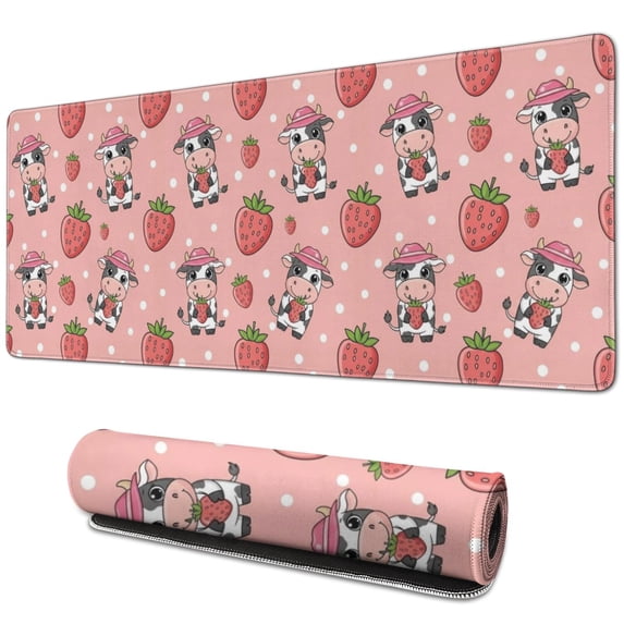 Long Mouse Pads for Desk,Pink Cow Strawberry Hat Pattern Desk Mats on Top Of Desks, Desk Mouse Pad Extra Large with 3mm Non-Slip Base and Stitched Edge for Gaming,Office,Work,Home 31.5"x11.8"