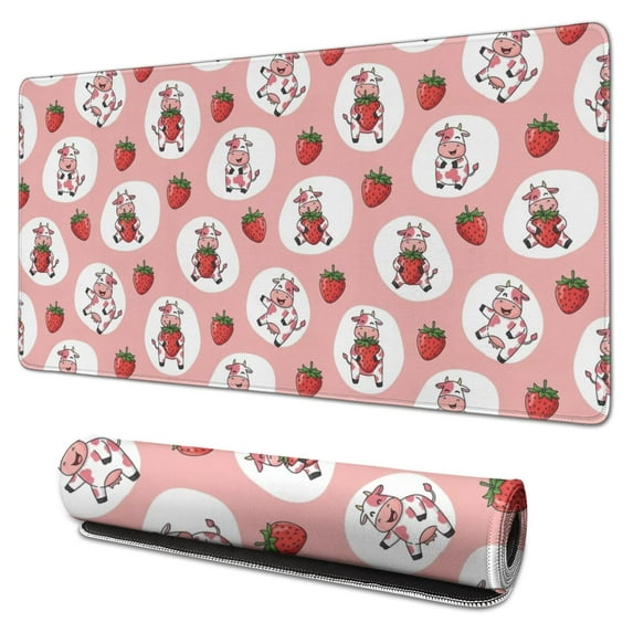 Long Mouse Pads for Desk,Pink Cow Strawberry Oval Pattern Desk Mats on Top Of Desks, Desk Mouse Pad Extra Large with 3mm Non-Slip Base and Stitched Edge for Gaming,Office,Work,Home 31.5"x15.7"