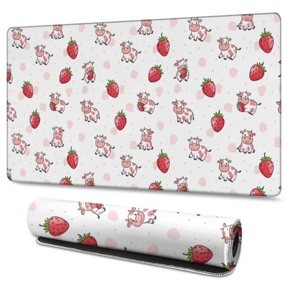 Long Mouse Pads for Desk,Pink Cow Strawberry Pattern Desk Mats on Top Of Desks, Desk Mouse Pad Extra Large with 3mm Non-Slip Base and Stitched Edge for Gaming,Office,Work,Home 47.3"x23.6"
