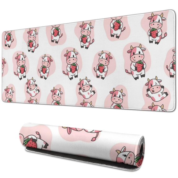 Long Mouse Pads for Desk,Pink Cow Strawberry Pattern Desk Mats on Top Of Desks, Desk Mouse Pad Extra Large with 3mm Non-Slip Base and Stitched Edge for Gaming,Office,Work,Home 31.5"x11.8"