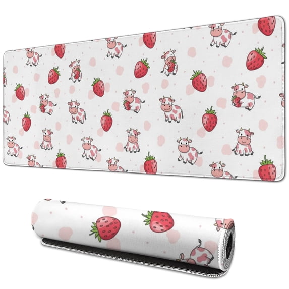 Long Mouse Pads for Desk,Pink Cow Strawberry Pattern Desk Mats on Top Of Desks, Desk Mouse Pad Extra Large with 3mm Non-Slip Base and Stitched Edge for Gaming,Office,Work,Home 31.5"x11.8"