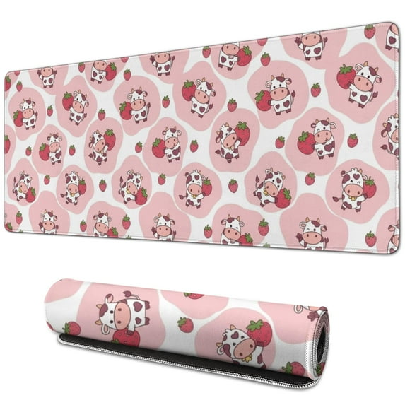 Long Mouse Pads for Desk,Pink Cow Strawberry Pattern Desk Mats on Top Of Desks, Desk Mouse Pad Extra Large with 3mm Non-Slip Base and Stitched Edge for Gaming,Office,Work,Home 31.5"x11.8"