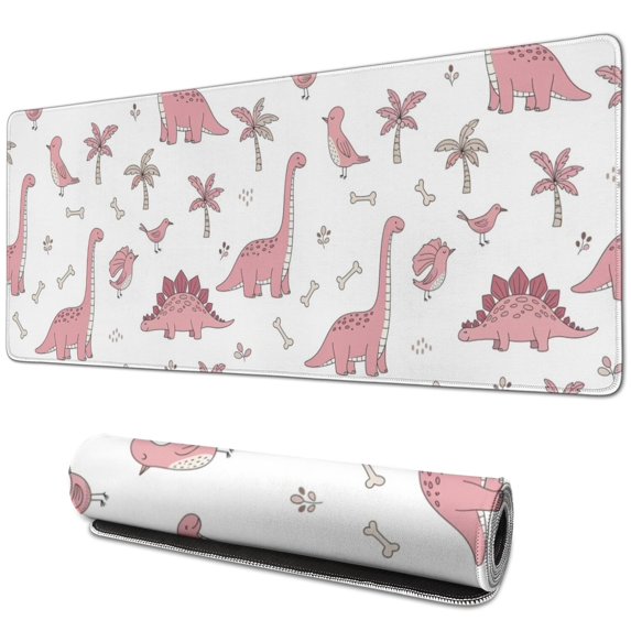 Long Mouse Pads for Desk,Pink Dinosaur and Bird Pattern Desk Mats on Top Of Desks, Desk Mouse Pad Extra Large with 3mm Non-Slip Base and Stitched Edge for Gaming,Office,Work,Home 31.5"x11.8"