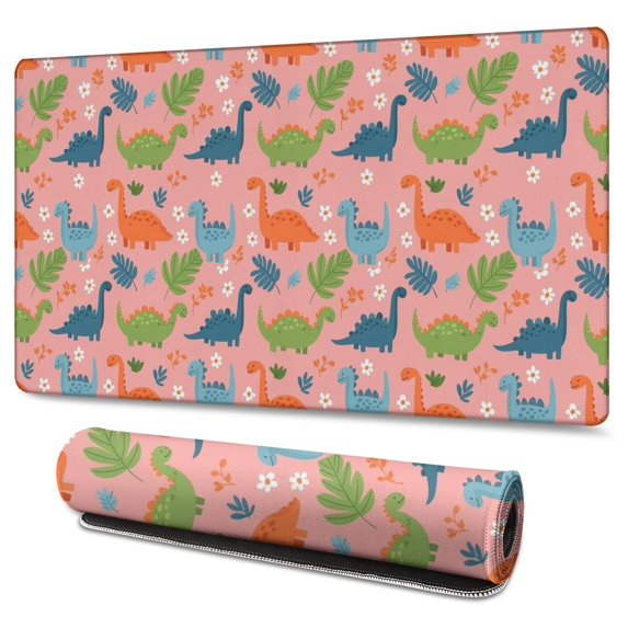 Long Mouse Pads for Desk,Pink Dinosaur Floral Pattern Desk Mats on Top Of Desks, Desk Mouse Pad Extra Large with 3mm Non-Slip Base and Stitched Edge for Gaming,Office,Work,Home 47.3"x23.6"