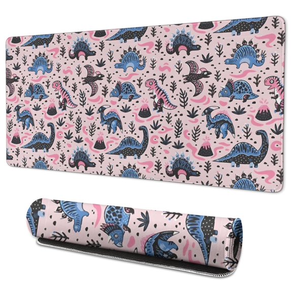 Long Mouse Pads for Desk,Pink Dinosaurs Plants Pattern Desk Mats on Top Of Desks, Desk Mouse Pad Extra Large with 3mm Non-Slip Base and Stitched Edge for Gaming,Office,Work,Home 35.4"x15.7"
