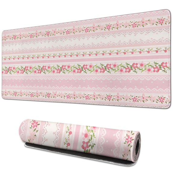 Long Mouse Pads for Desk,Pink Floral and Lace Pattern Desk Mats on Top Of Desks, Desk Mouse Pad Extra Large with 3mm Non-Slip Base and Stitched Edge for Gaming,Office,Work,Home 31.5"x11.8"