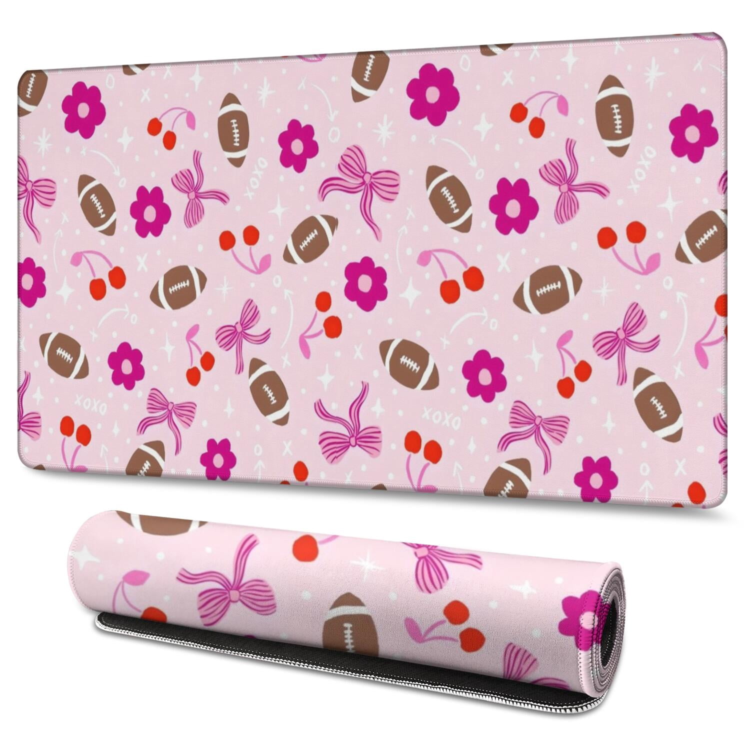 Long Mouse Pads for Desk,Pink Football and Flowers Pattern Desk Mats on Top Of Desks, Desk Mouse Pad Extra Large with 3mm Non-Slip Base and Stitched Edge for Gaming,Office,Work,Home 47.3"x23.6"
