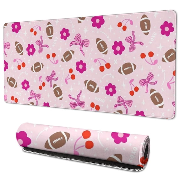 Long Mouse Pads for Desk,Pink Football and Flowers Pattern Desk Mats on Top Of Desks, Desk Mouse Pad Extra Large with 3mm Non-Slip Base and Stitched Edge for Gaming,Office,Work,Home 35.4"x15.7"