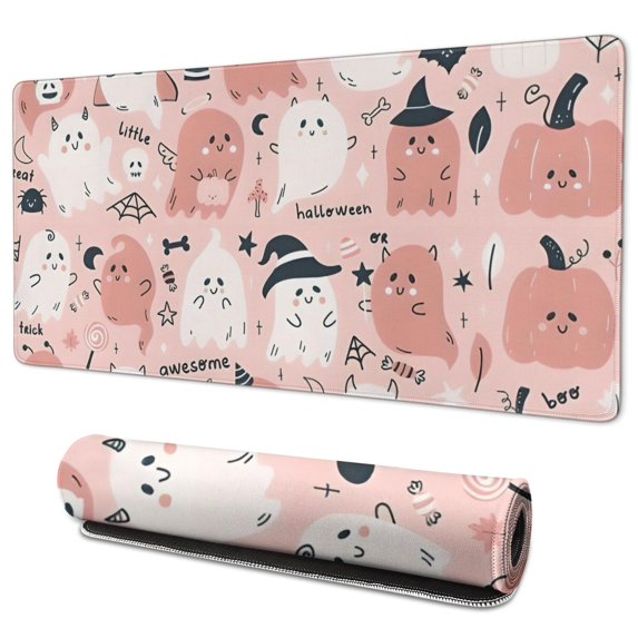 Long Mouse Pads for Desk,Pink Hued Cute Halloween Ghosts Pattern Desk Mats on Top Of Desks, Desk Mouse Pad Extra Large with 3mm Non-Slip Base and Stitched Edge for Gaming,Office,Work,Home 35.4x15.7in