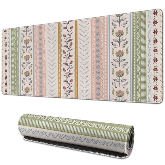 Long Mouse Pads for Desk,Pink Striped Floral Boho Pattern Desk Mats on Top Of Desks, Desk Mouse Pad Extra Large with 3mm Non-Slip Base and Stitched Edge for Gaming,Office,Work,Home 31.5"x11.8"