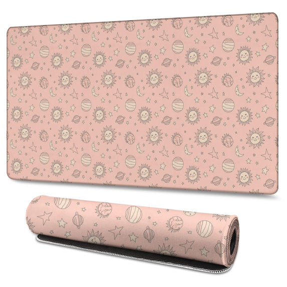 Long Mouse Pads for Desk,Pink Sun Planet Moon Star Pattern Desk Mats on Top Of Desks, Desk Mouse Pad Extra Large with 3mm Non-Slip Base and Stitched Edge for Gaming,Office,Work,Home 47.3"x23.6"
