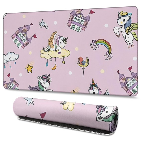 Long Mouse Pads for Desk,Pink Unicorn Castle Pattern Desk Mats on Top Of Desks, Desk Mouse Pad Extra Large with 3mm Non-Slip Base and Stitched Edge for Gaming,Office,Work,Home 47.3"x23.6"