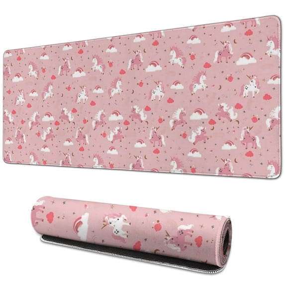 Long Mouse Pads for Desk,Pink Unicorn Cloud Heart Pattern Desk Mats on Top Of Desks, Desk Mouse Pad Extra Large with 3mm Non-Slip Base and Stitched Edge for Gaming,Office,Work,Home 31.5"x11.8"