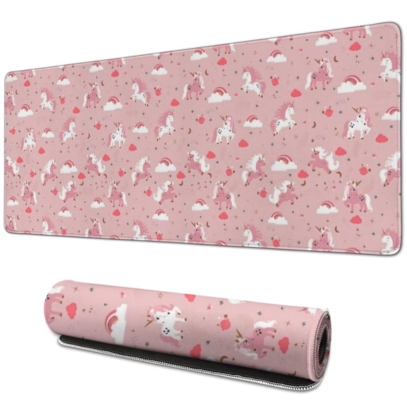 Long Mouse Pads for Desk,Pink Unicorn Cloud Heart Pattern Desk Mats on Top Of Desks, Desk Mouse Pad Extra Large with 3mm Non-Slip Base and Stitched Edge for Gaming,Office,Work,Home 31.5"x11.8"