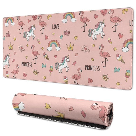 Long Mouse Pads for Desk,Pink Unicorn Flamingo Pattern Desk Mats on Top Of Desks, Desk Mouse Pad Extra Large with 3mm Non-Slip Base and Stitched Edge for Gaming,Office,Work,Home 35.4"x15.7"
