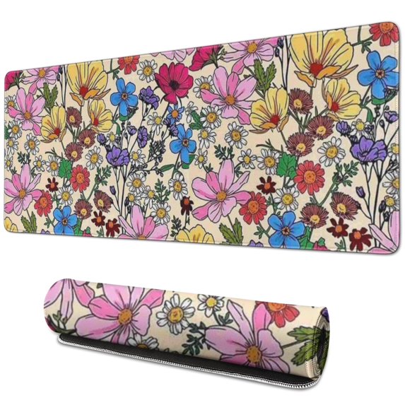 Long Mouse Pads for Desk,Pioneer Flower Floral Print Pattern Desk Mats on Top Of Desks, Desk Mouse Pad Extra Large with 3mm Non-Slip Base and Stitched Edge for Gaming,Office,Work,Home 31.5"x11.8"