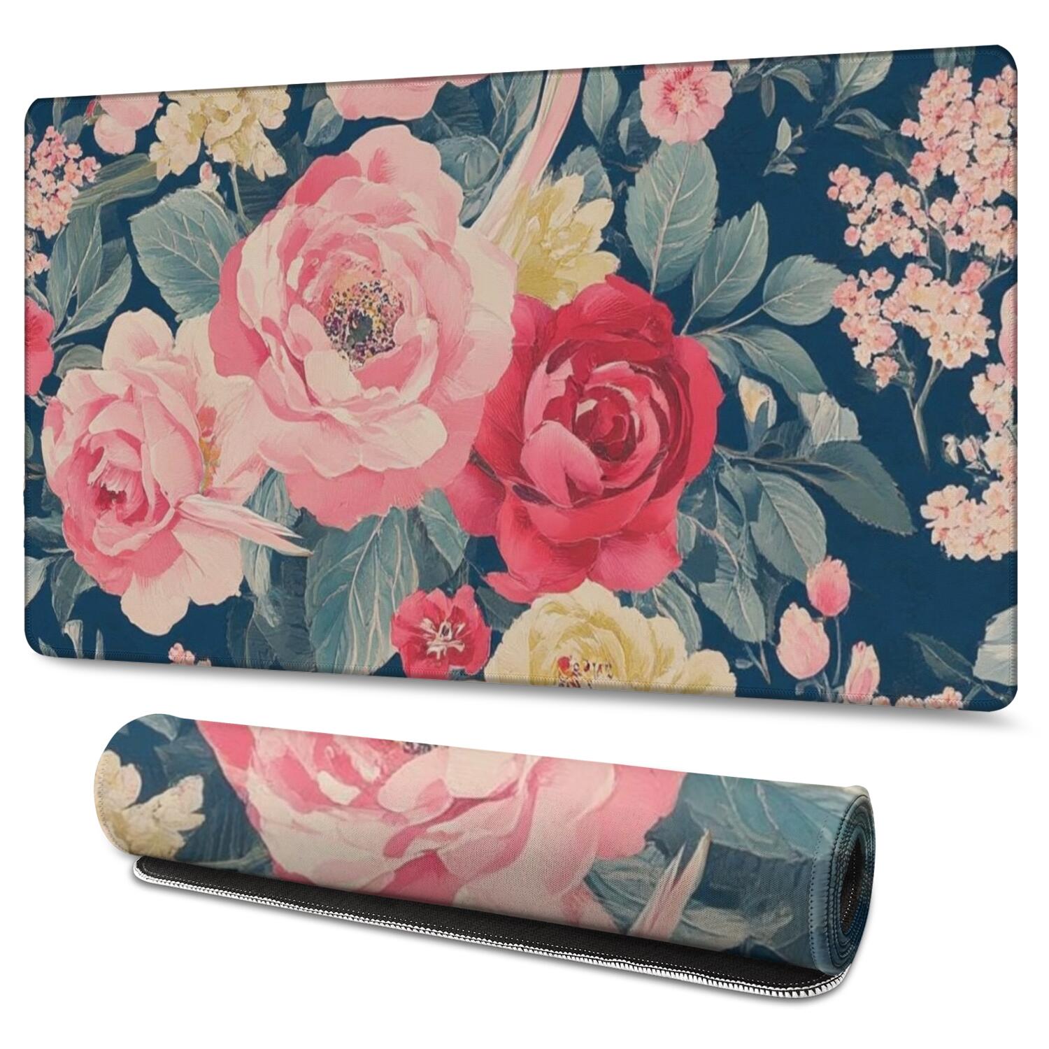 Long Mouse Pads for Desk,Pioneer Flower Floral Print Pattern Desk Mats on Top Of Desks, Desk Mouse Pad Extra Large with 3mm Non-Slip Base and Stitched Edge for Gaming,Office,Work,Home 47.3"x23.6"